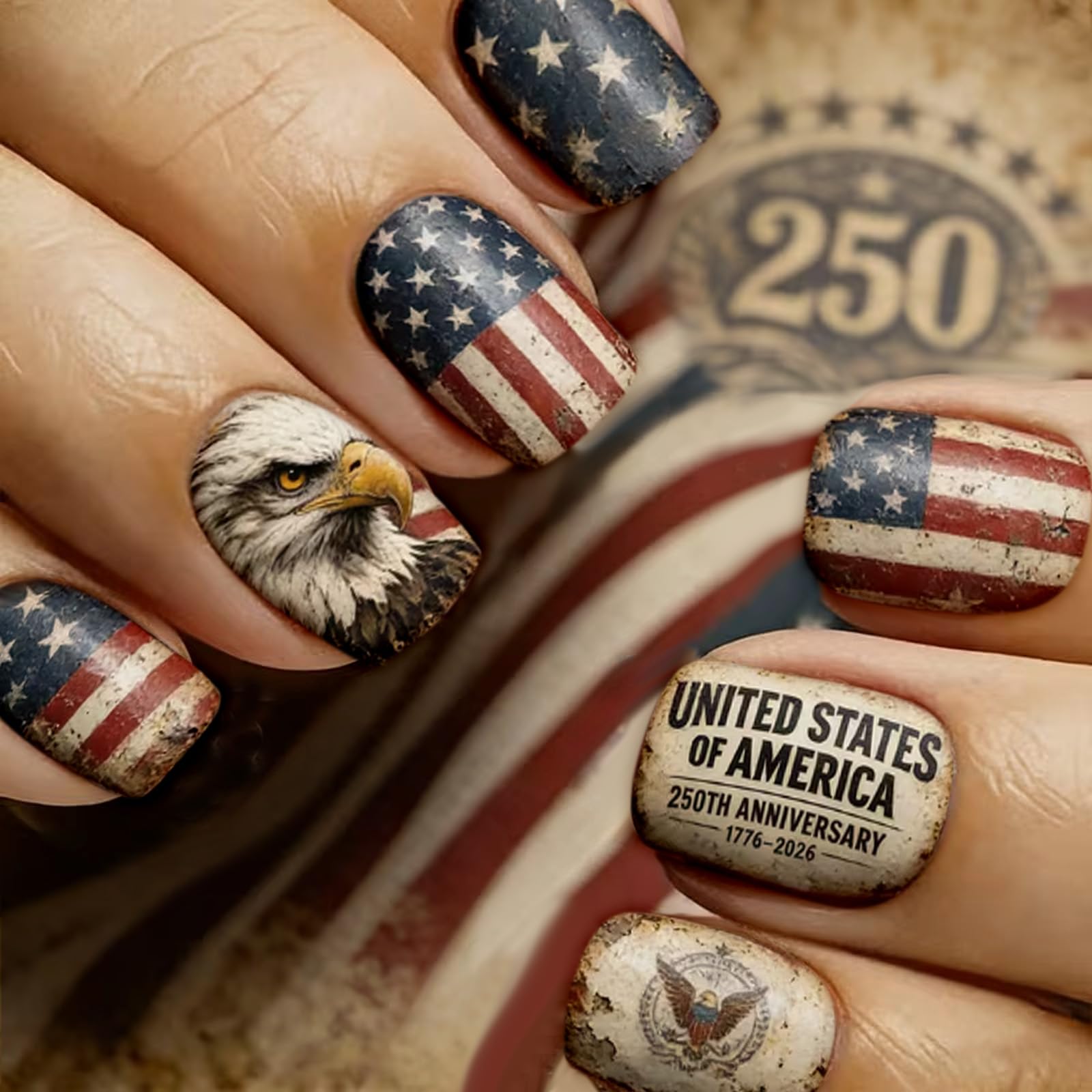 MMNHJHUT front packaging showing full 24-piece patriotic nail set and accessories