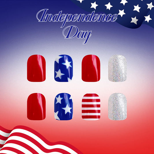 MMNHJHUT mixed red white blue nail designs laid flat to display pattern variety and sparkle