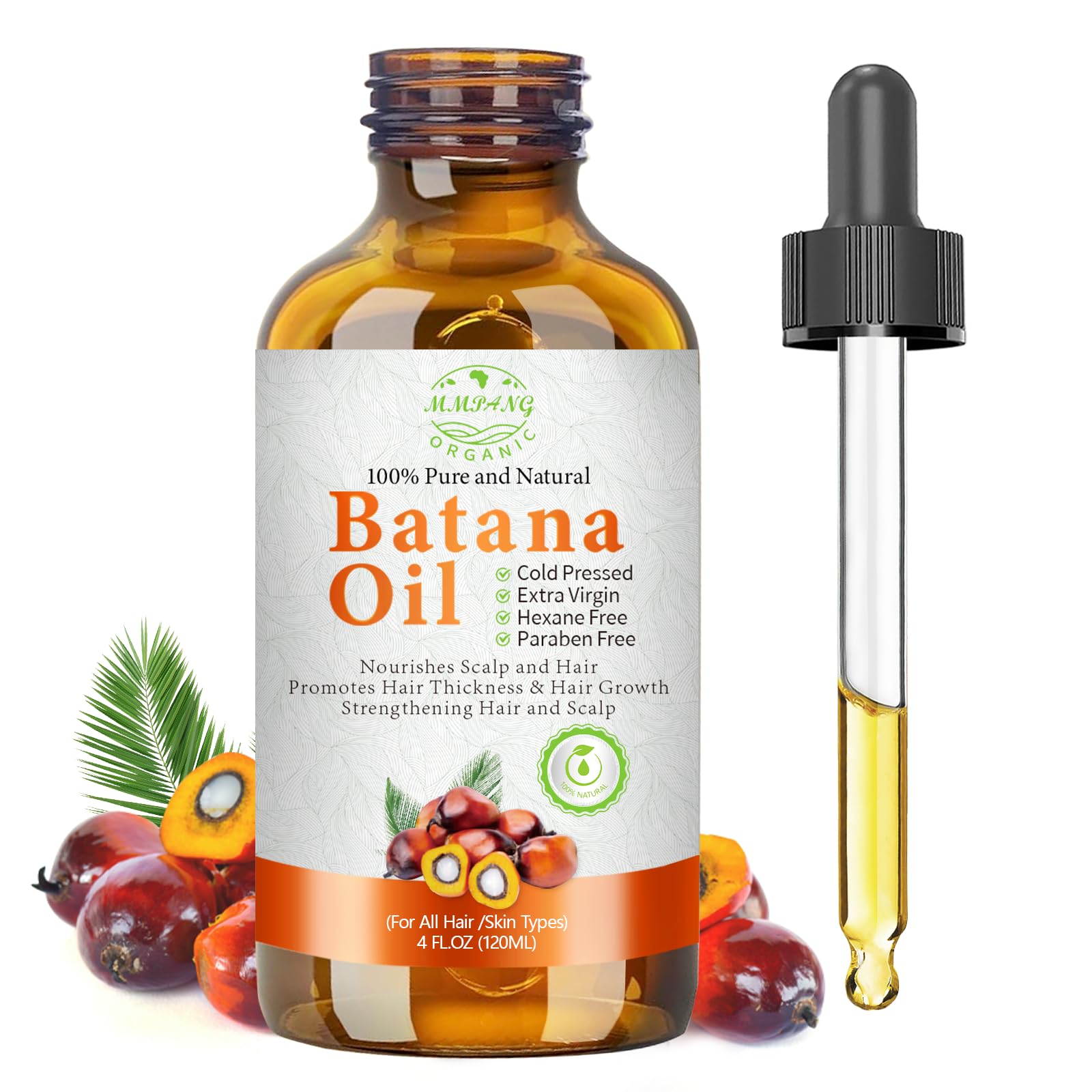 MMPANG glass bottle front view showing clean packaging and organic oil benefit