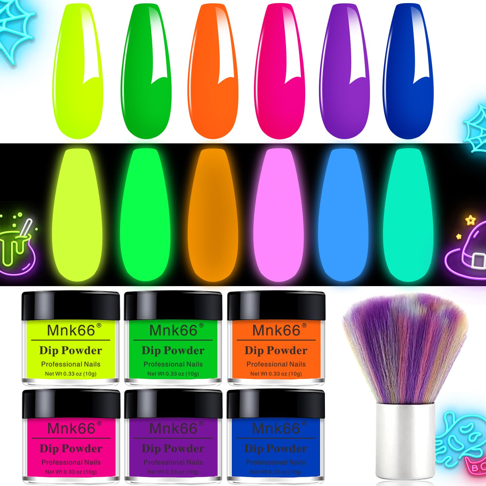 Mnk66 front packaging showing six glow powders and clear labeling for easy selection
