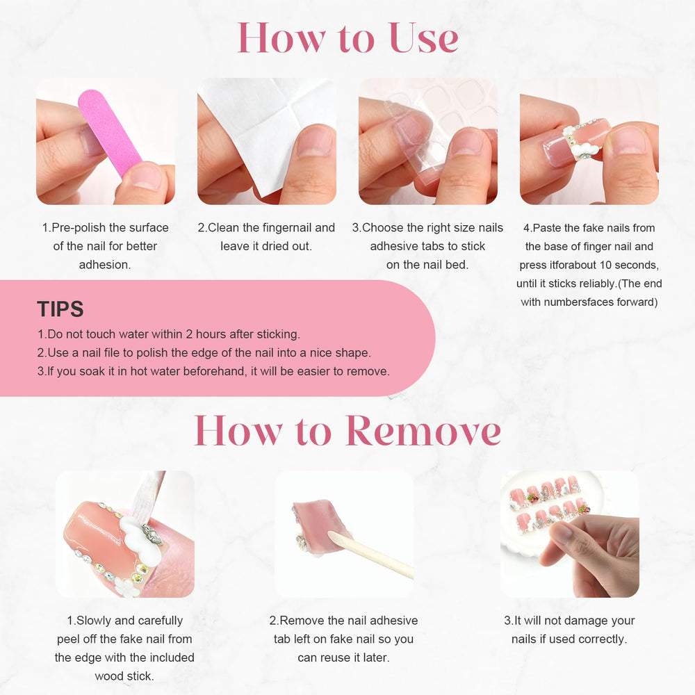 MOASIOP press-on nails next to adhesive tabs and glue ready for quick application