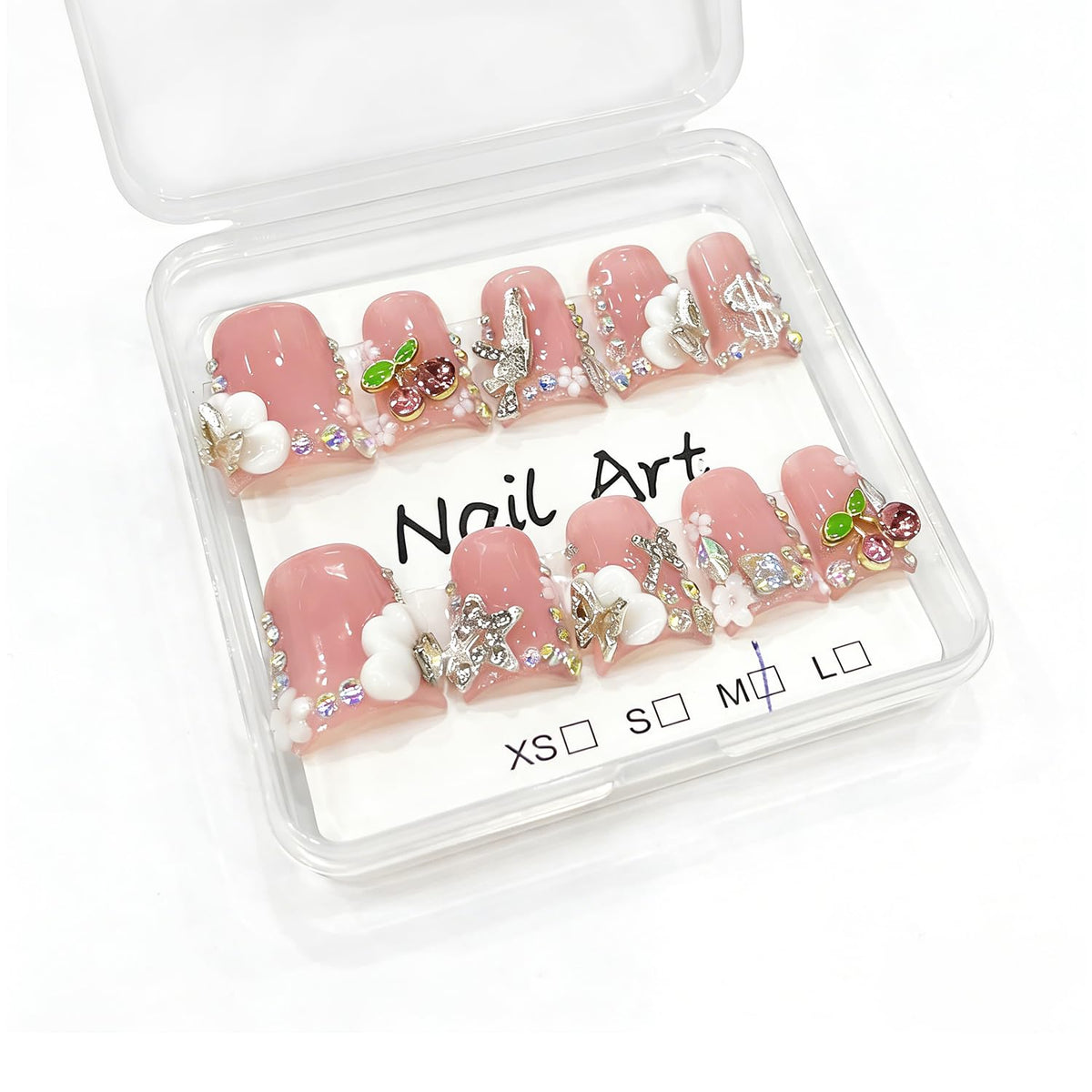MOASIOP front packaging showing full duck-bill press-on nail set and sizes for easy selection