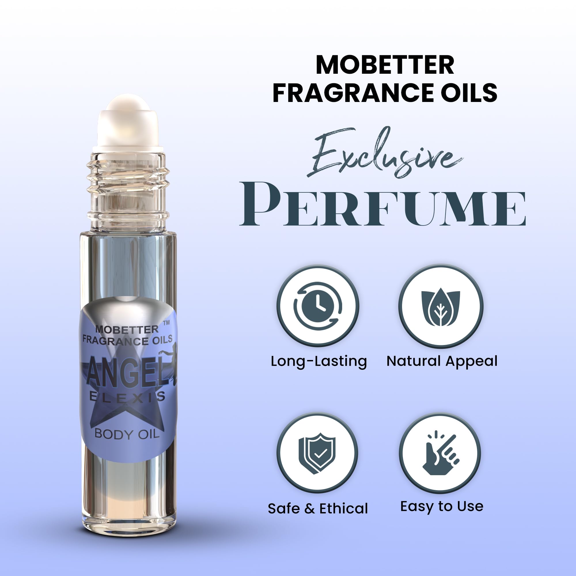 MOBETTER FRAGRANCE OILS label detail highlighting fragrance name and alcohol-free promise