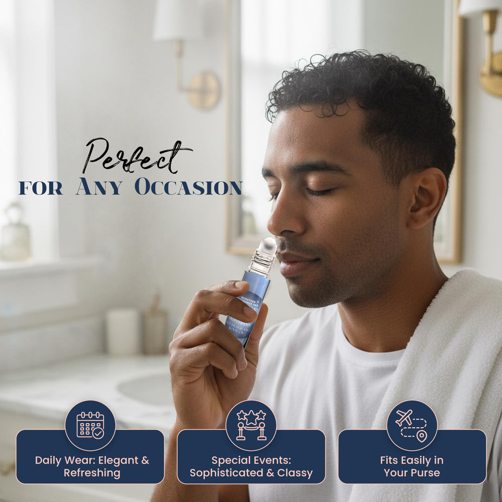MOBETTER FRAGRANCE OILS bottle held in hand to show scale and convenient travel size benefit
