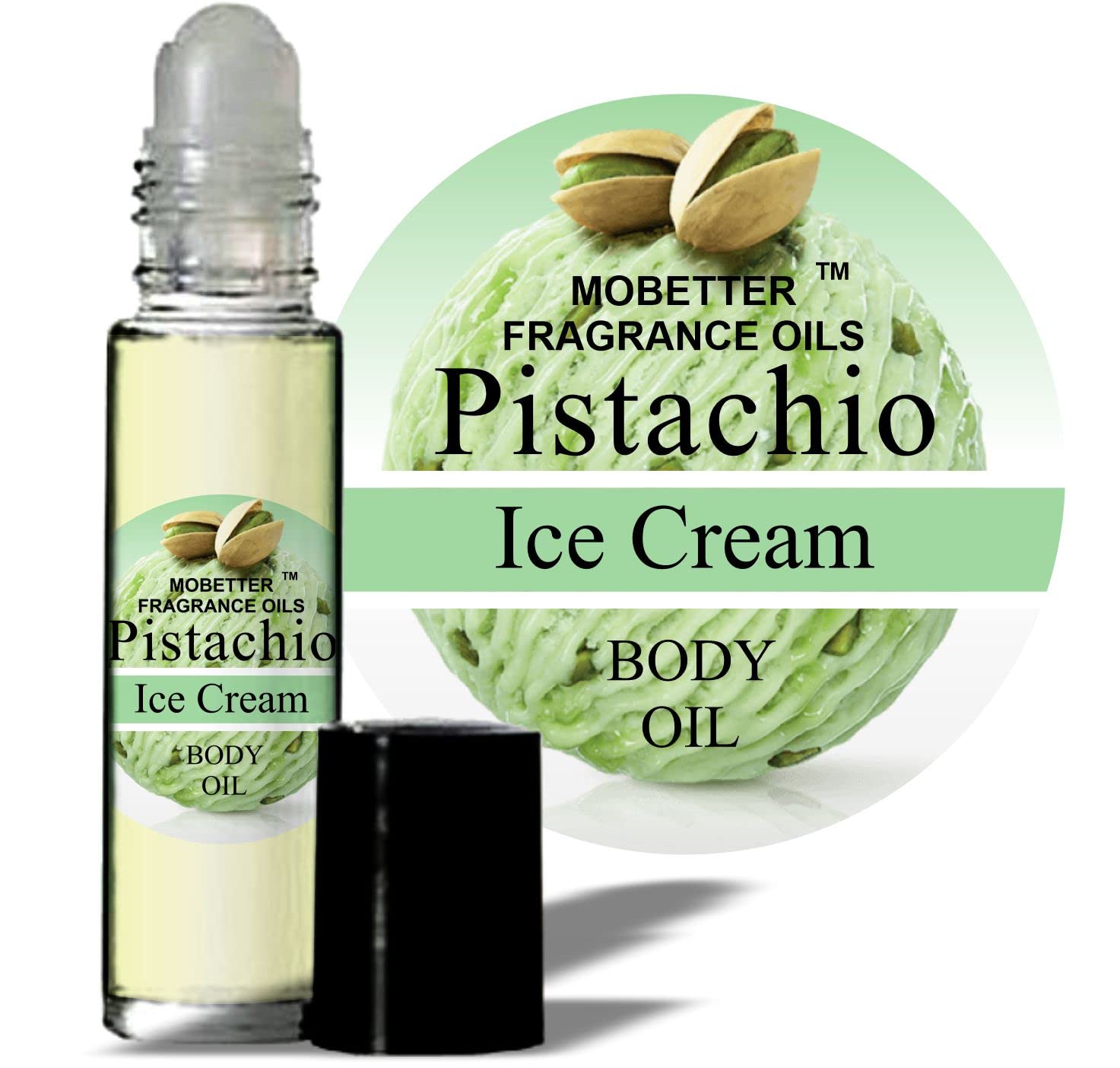 MOBETTER pistachio roll-on front view showing compact travel bottle and cream scent