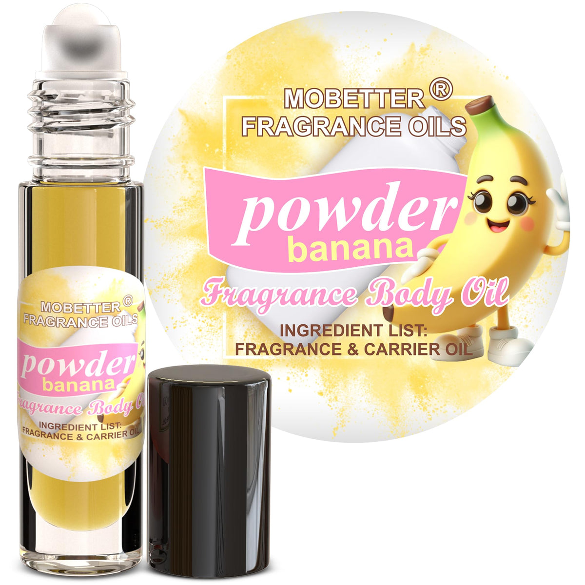 MOBETTER FRAGRANCE OILS front bottle showing powder banana scent and compact design