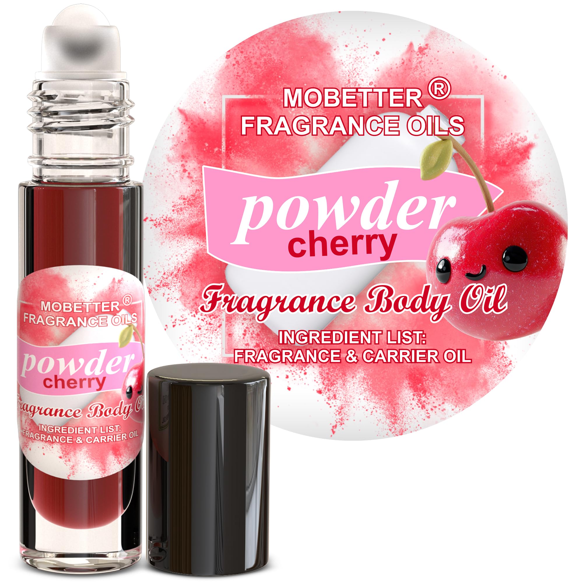 MOBETTER FRAGRANCE OILS front packaging showing powder cherry roll-on and travel-ready design