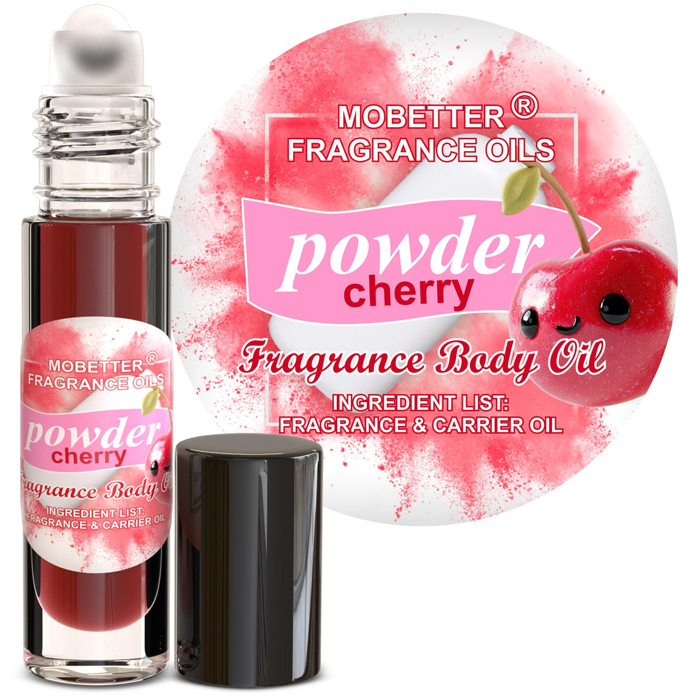 MOBETTER FRAGRANCE OILS front packaging showing powder cherry roll-on and travel-ready design
