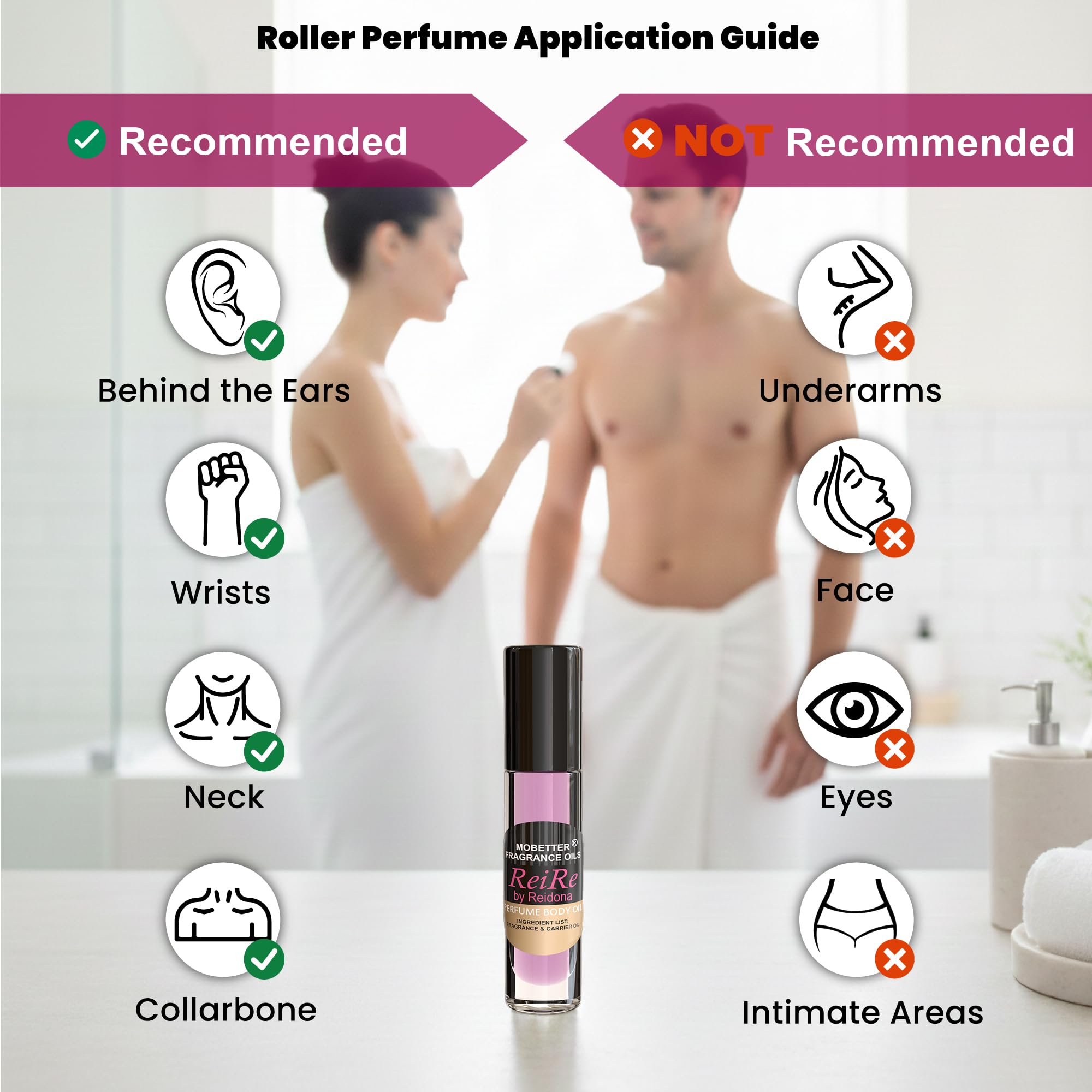 MOBETTER FRAGRANCE OILS ReiRe on a dressing table with other items conveying lifestyle-ready convenience benefit
