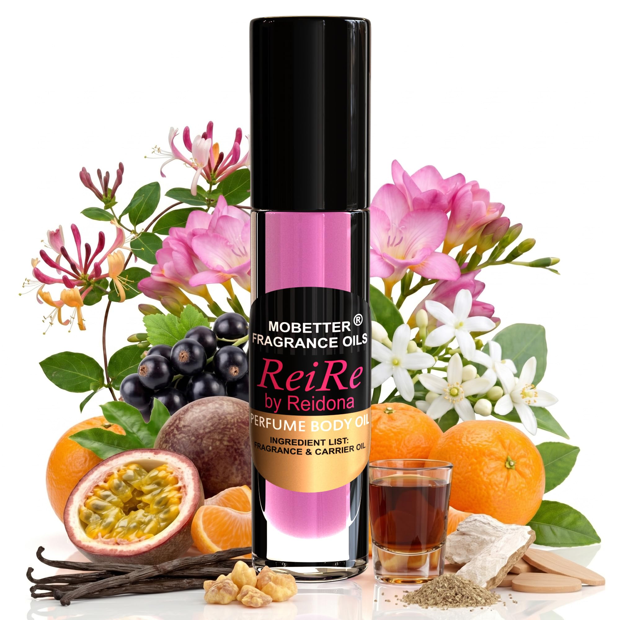MOBETTER FRAGRANCE OILS ReiRe roll-on front packaging showing compact bottle and label benefit: easy portability