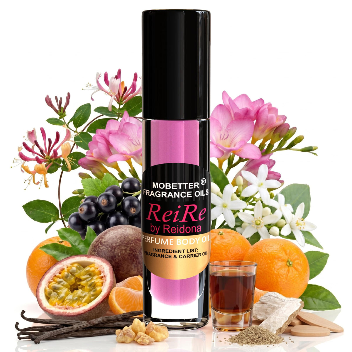 MOBETTER FRAGRANCE OILS ReiRe roll-on front packaging showing compact bottle and label benefit: easy portability