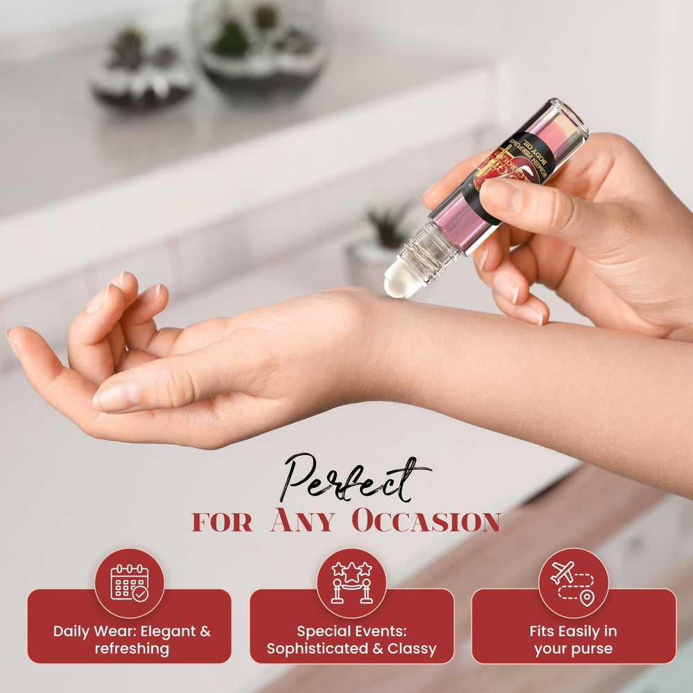 MOBETTER roll-on applied to neck illustrating targeted pulse-point fragrance benefit