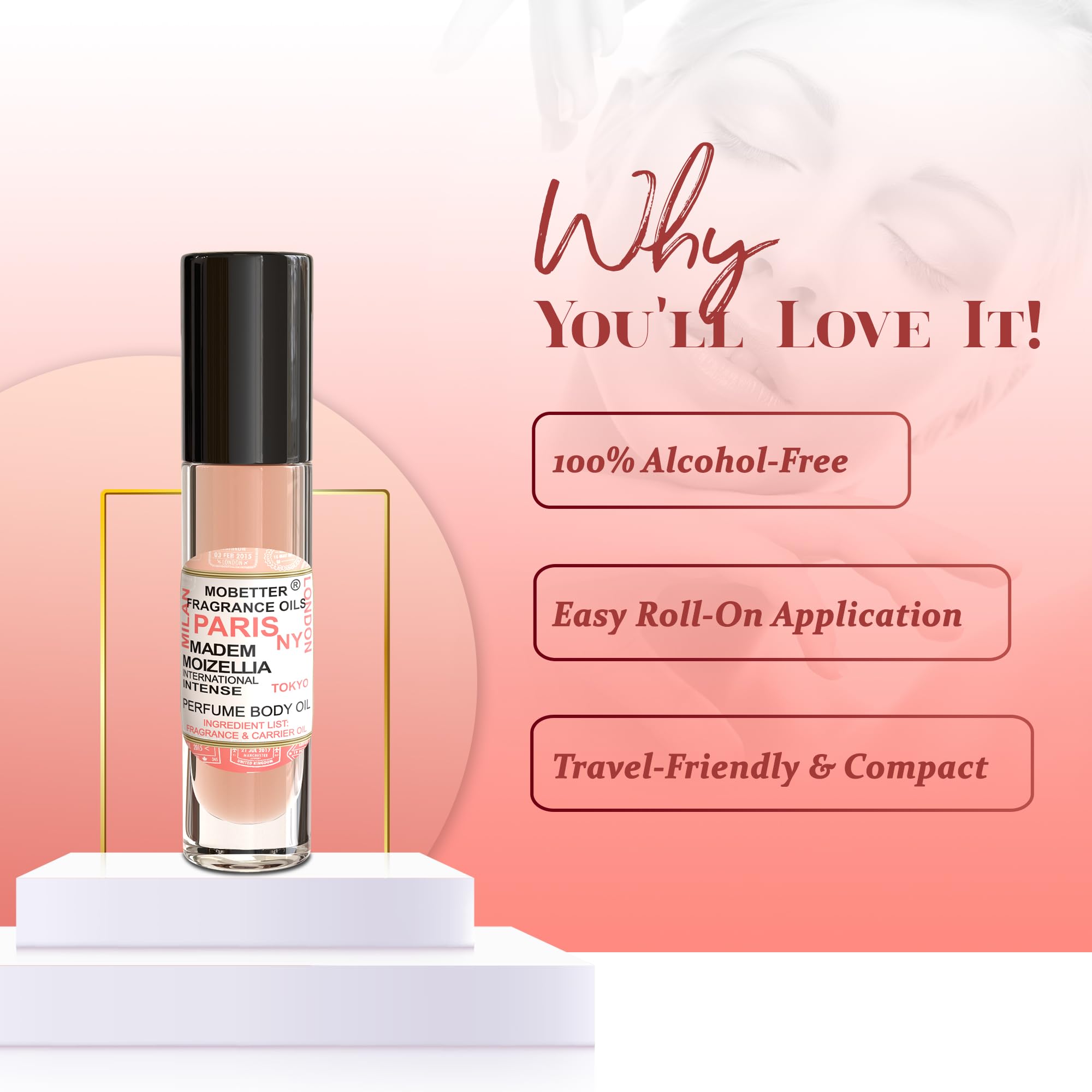 MOBETTER FRAGRANCE OILS size comparison beside a lipstick indicating portable travel convenience