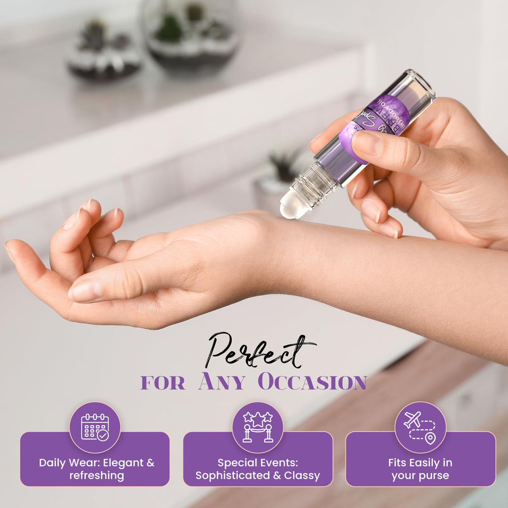 MOBETTER FRAGRANCE OILS applying roll‑on to wrist illustrating precise, mess‑free application