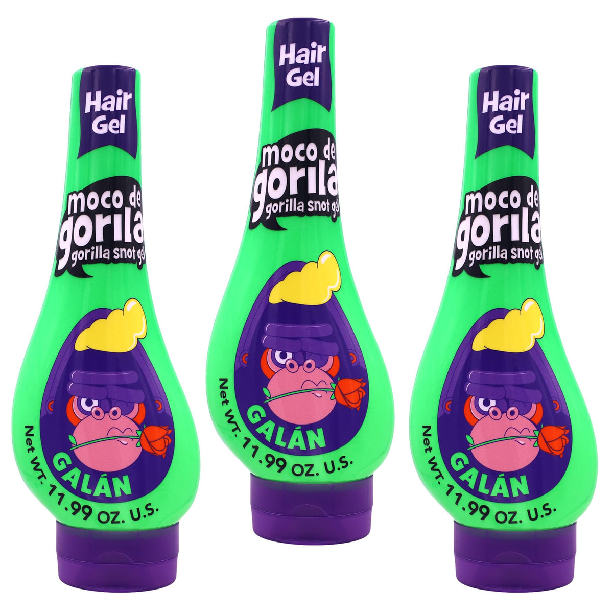 Moco de Gorila Galan front packaging showing three squeezable bottles and convenience