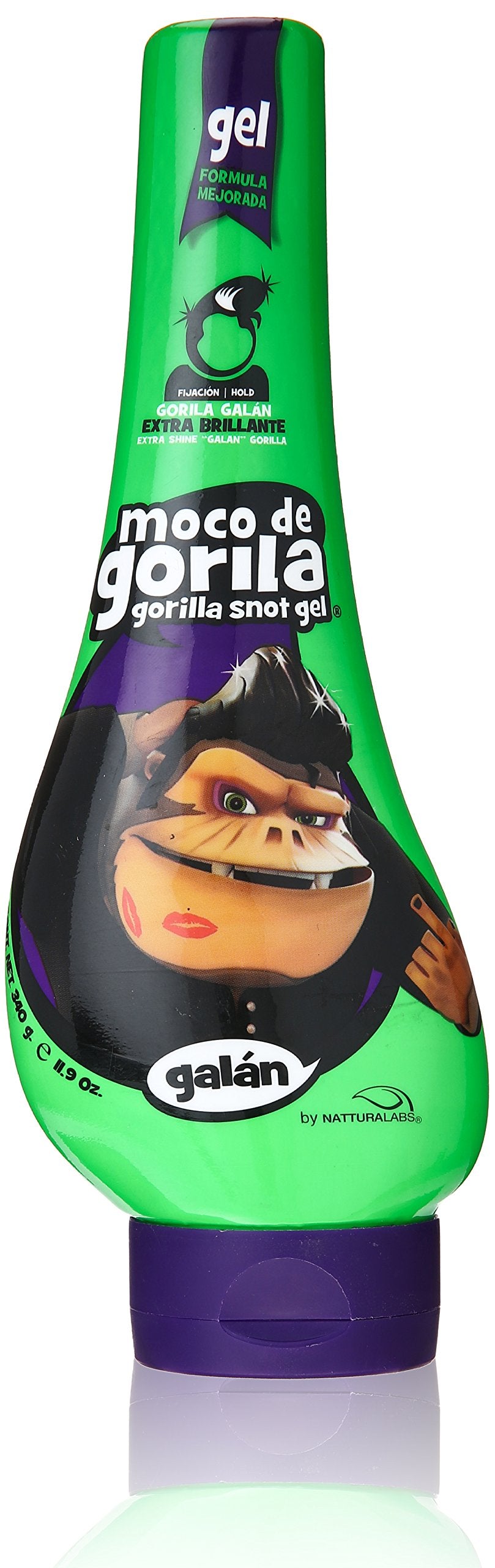 Moco de Gorila Galan front bottle shot showing label and glossy hold benefits