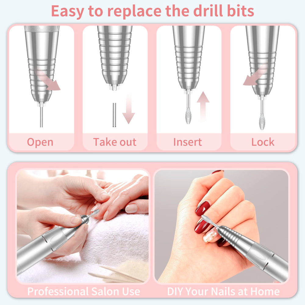 MOCOWIND technician using the cordless nail drill during a salon manicure session