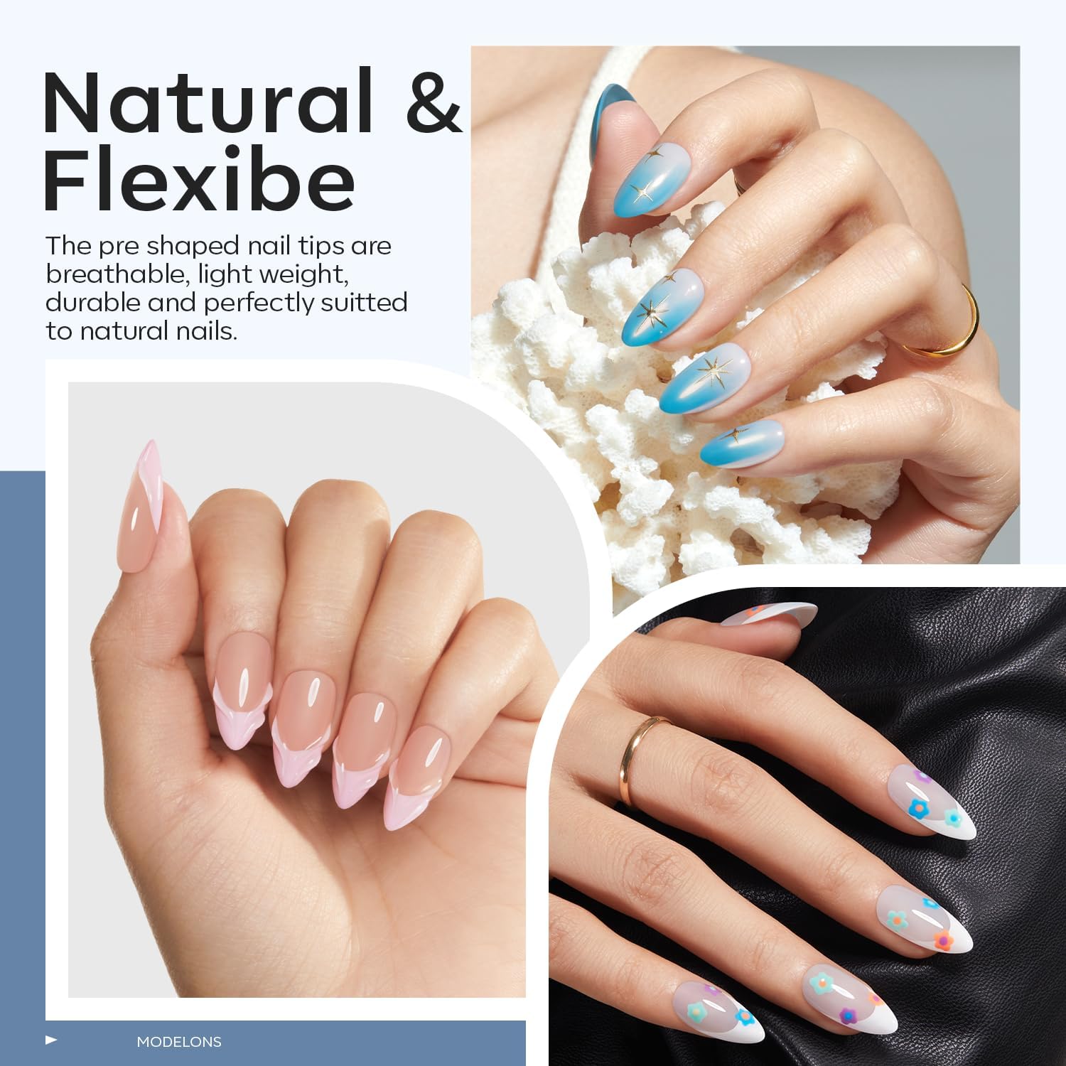 modelones 216 medium almond tips fanned to show variety and fit options