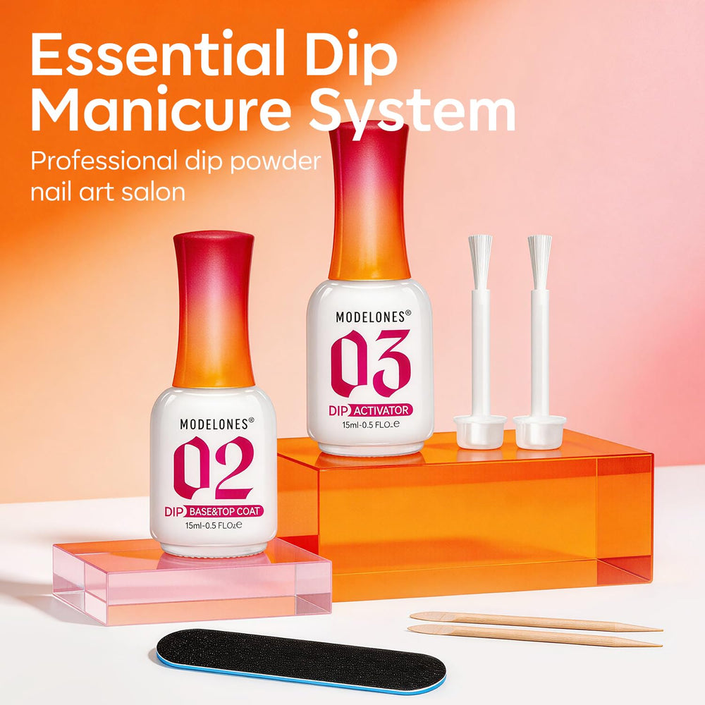 modelones 2-in-1 base and top coat bottle close-up highlighting low-odor finish
