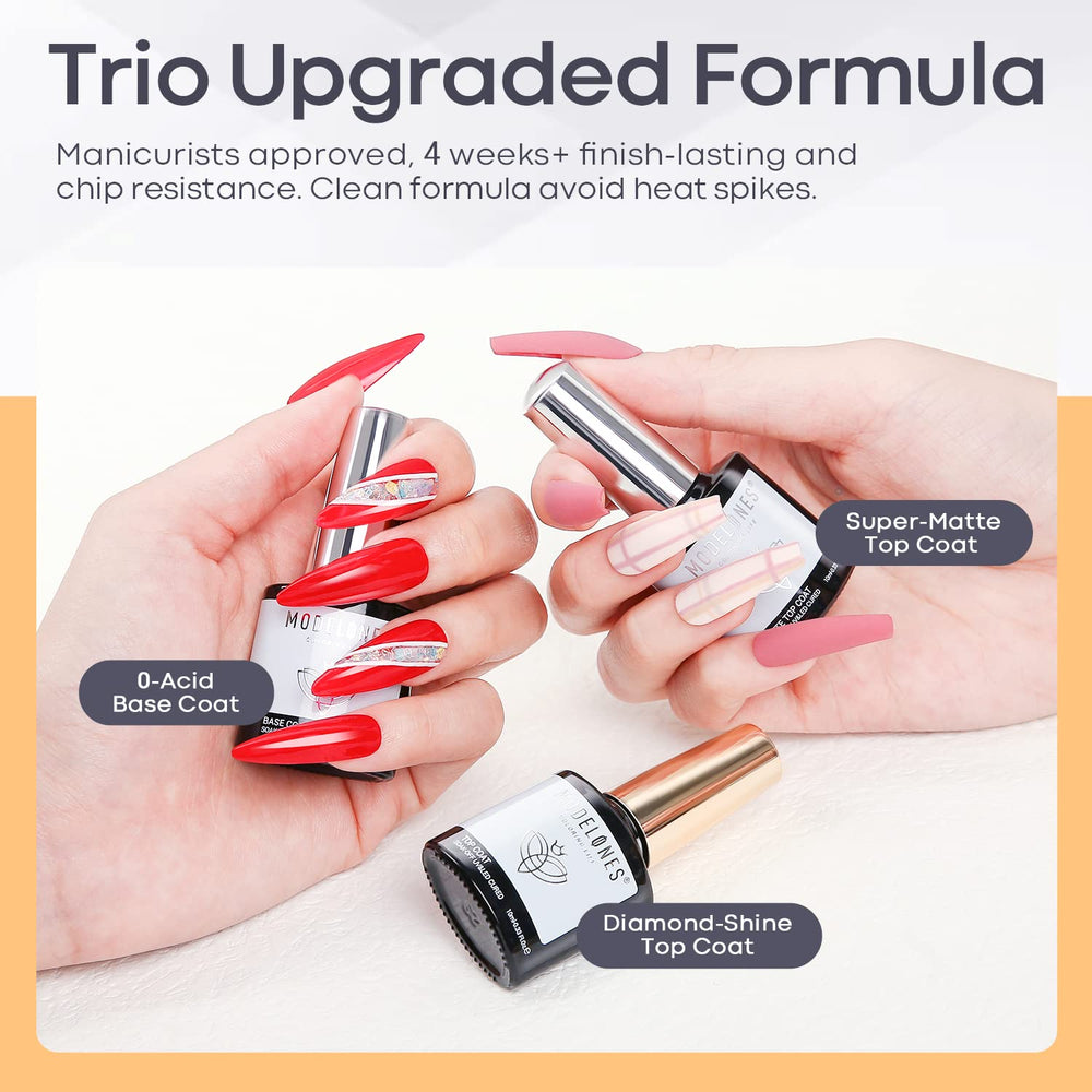 modelones three bottles aligned showing base, shine and matte usefulness