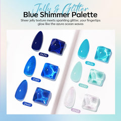 modelones six blue gel polish bottles lined up displaying color range and sparkle for creative looks