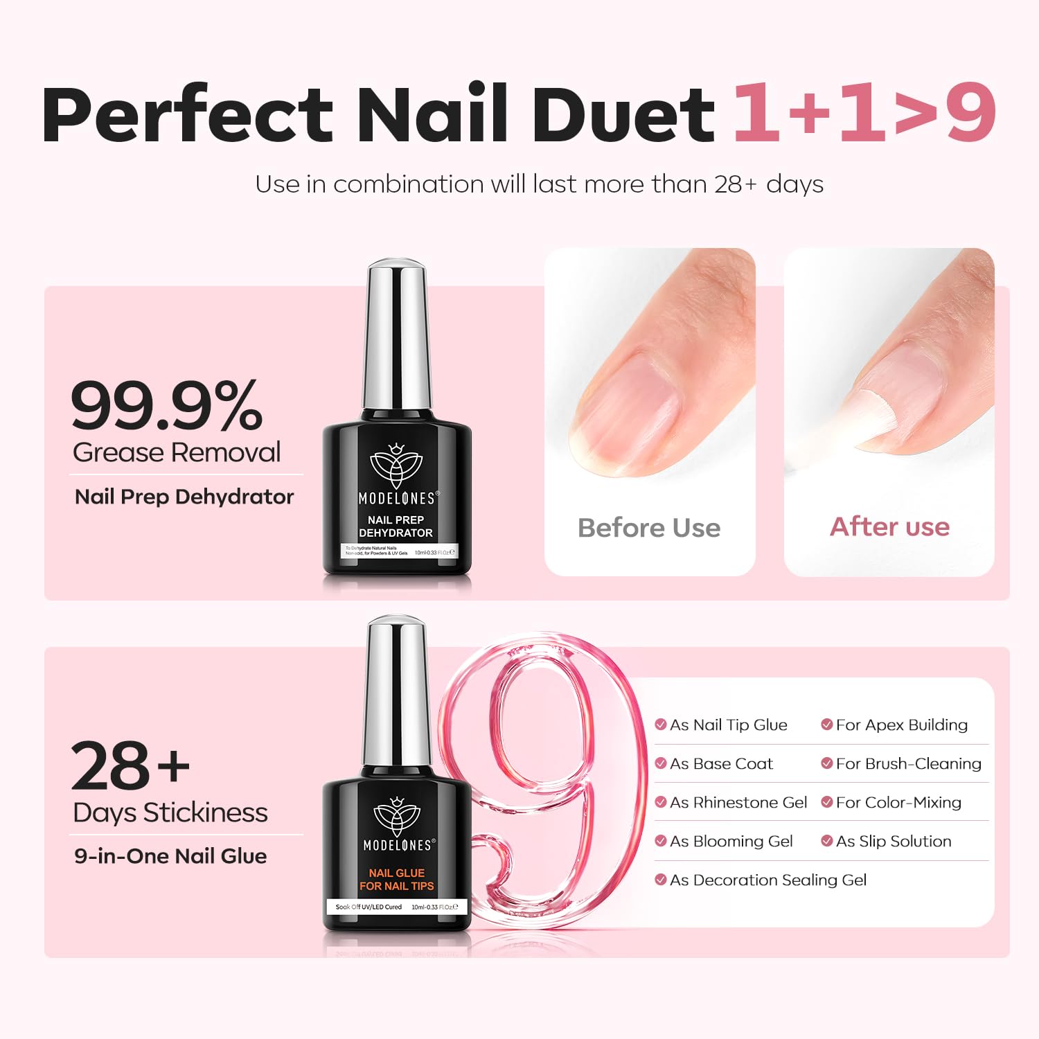 modelones 9-in-1 glue gel with applicator showing versatile use and strength