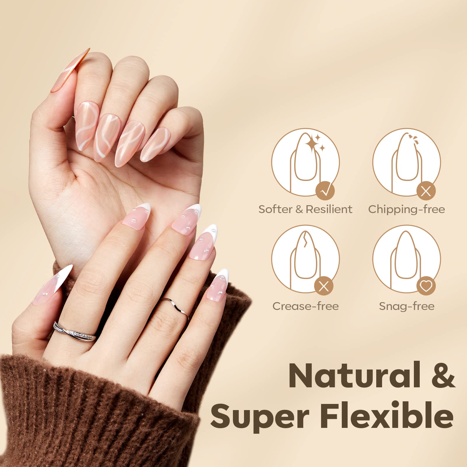 modelones almond tips on natural nails demonstrating natural-looking finish