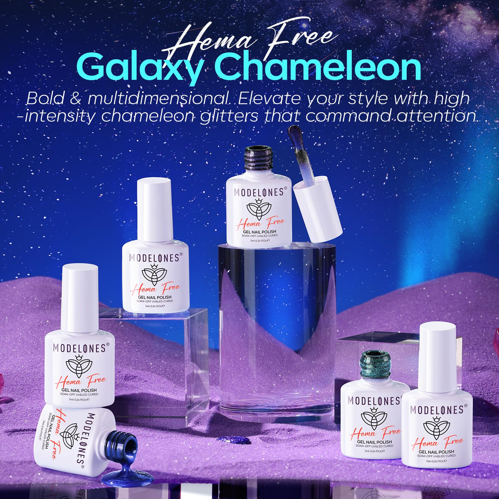 modelones applied on long almond nails illustrating salon-quality shine and durable finish