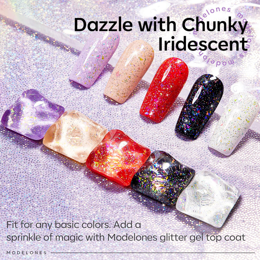 modelones applied over red gel polish, demonstrates vibrant confetti contrast and shine