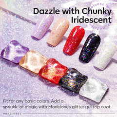 modelones applied over red gel polish, demonstrates vibrant confetti contrast and shine