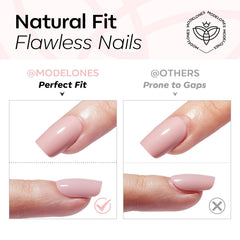 modelones hands applying a press-on nail demonstrating fast three-minute pop-on convenience