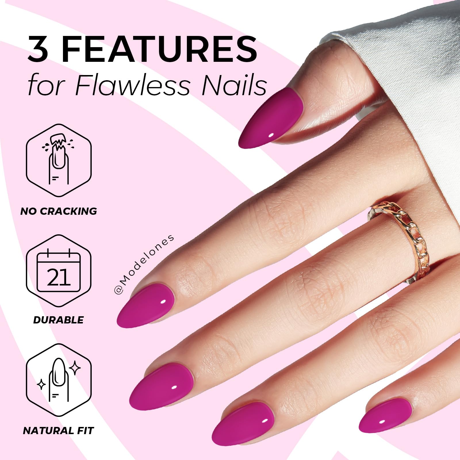 Modelones hands matching nail sizes demonstrating easy quick application