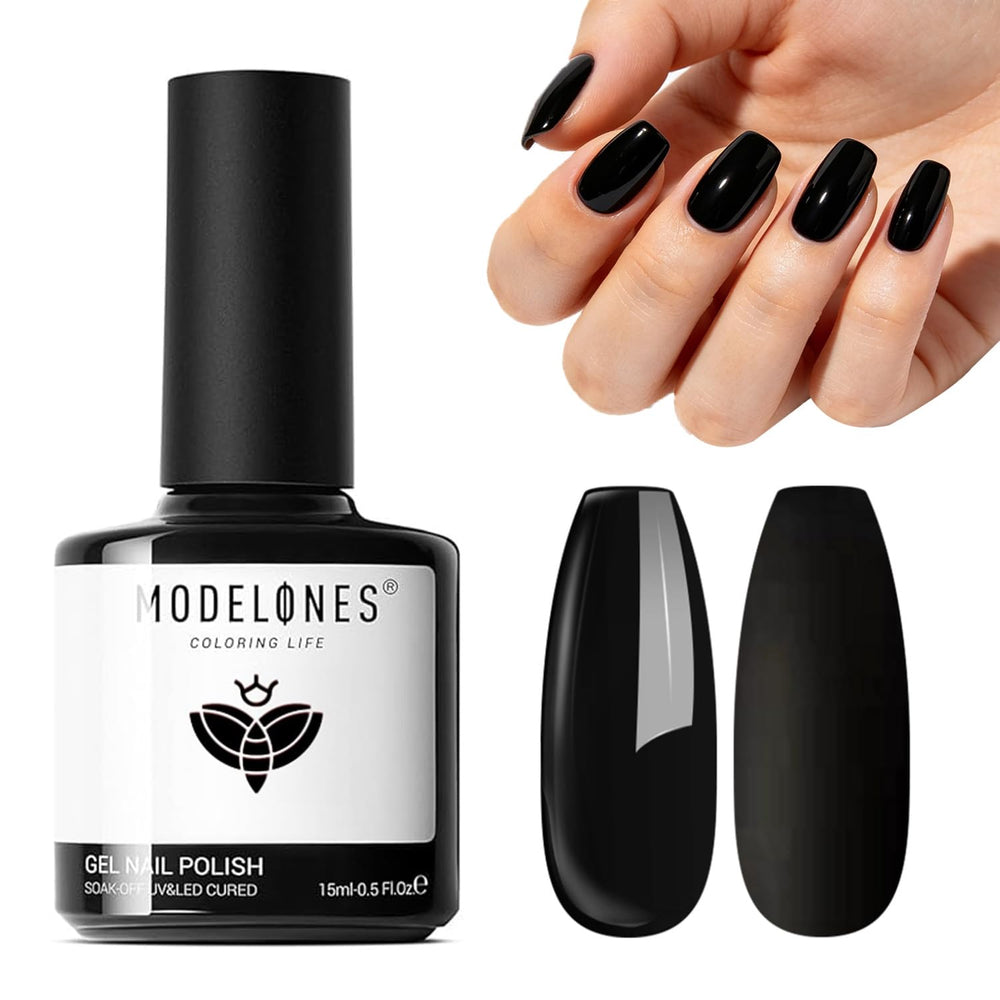modelones front bottle showing glossy black gel polish and branding