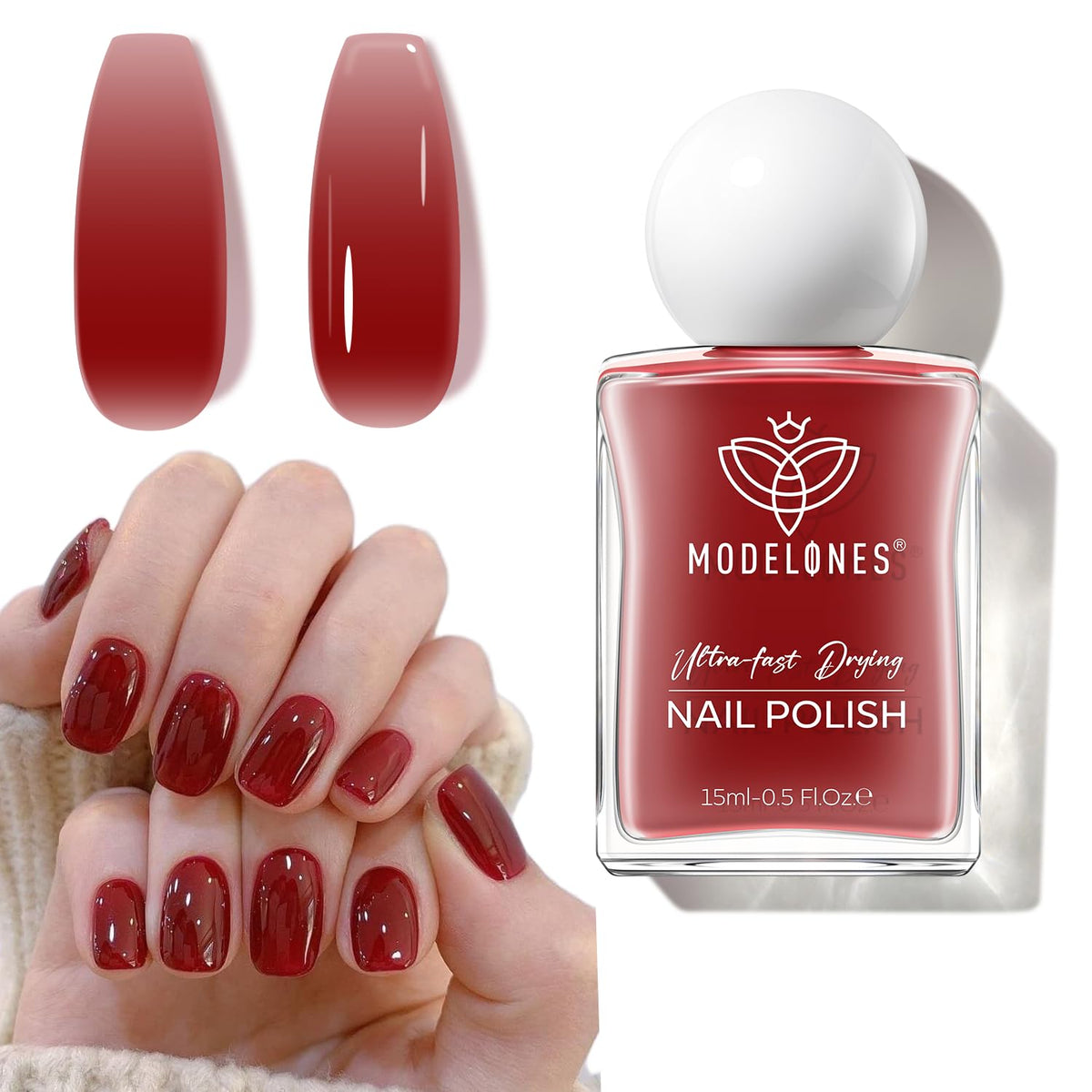 modelones bottle front view showing sheer jelly red polish and glossy finish