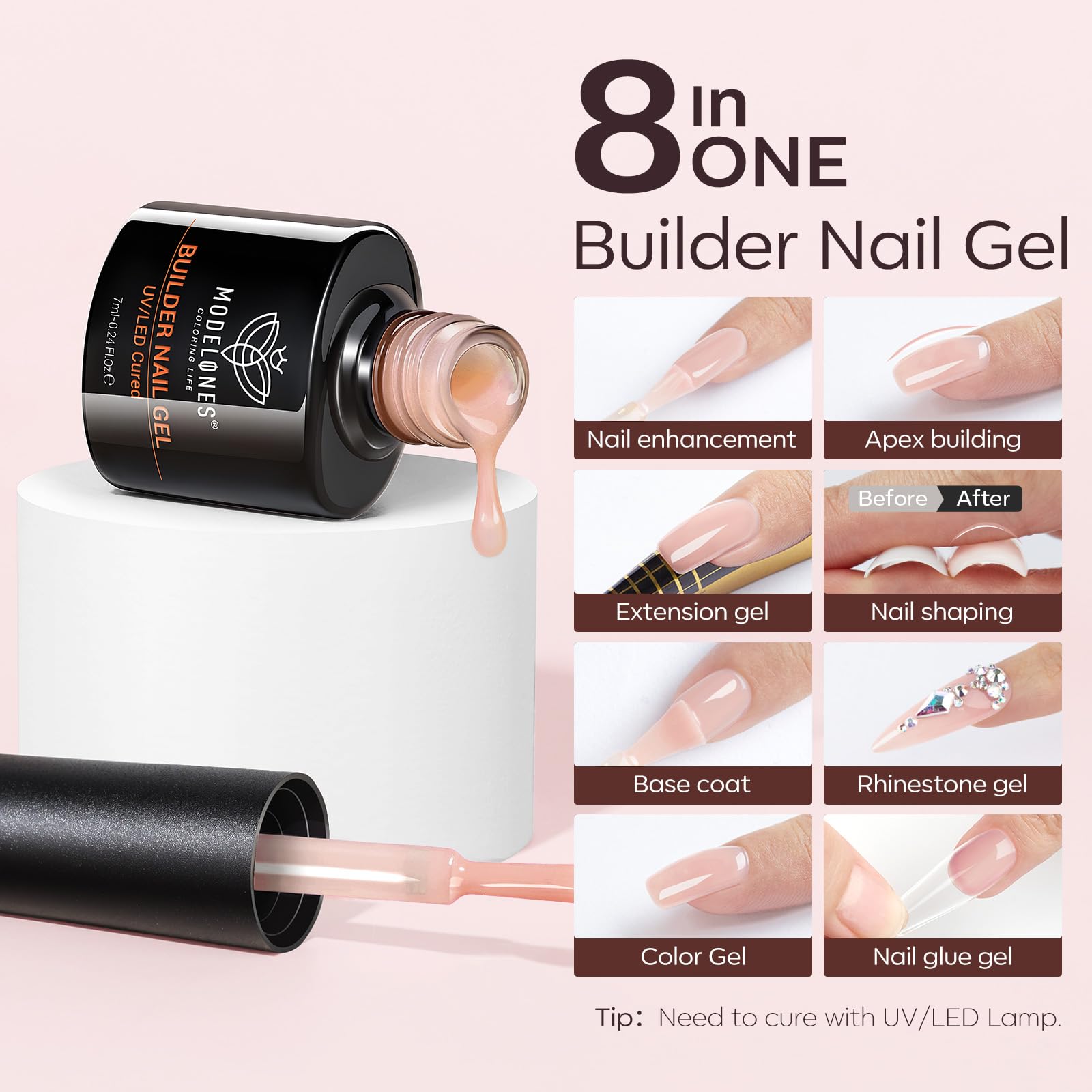 modelones built-in brush spreading gel, smooth application and reduced mess benefit