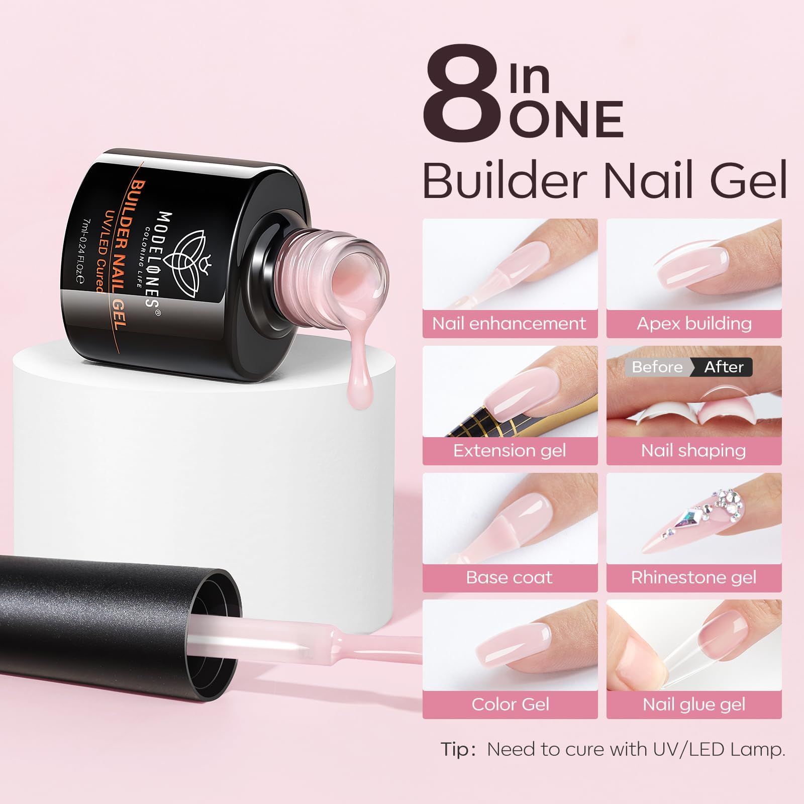 modelones built-in brush applying self-leveling gel, smooth even coverage benefit