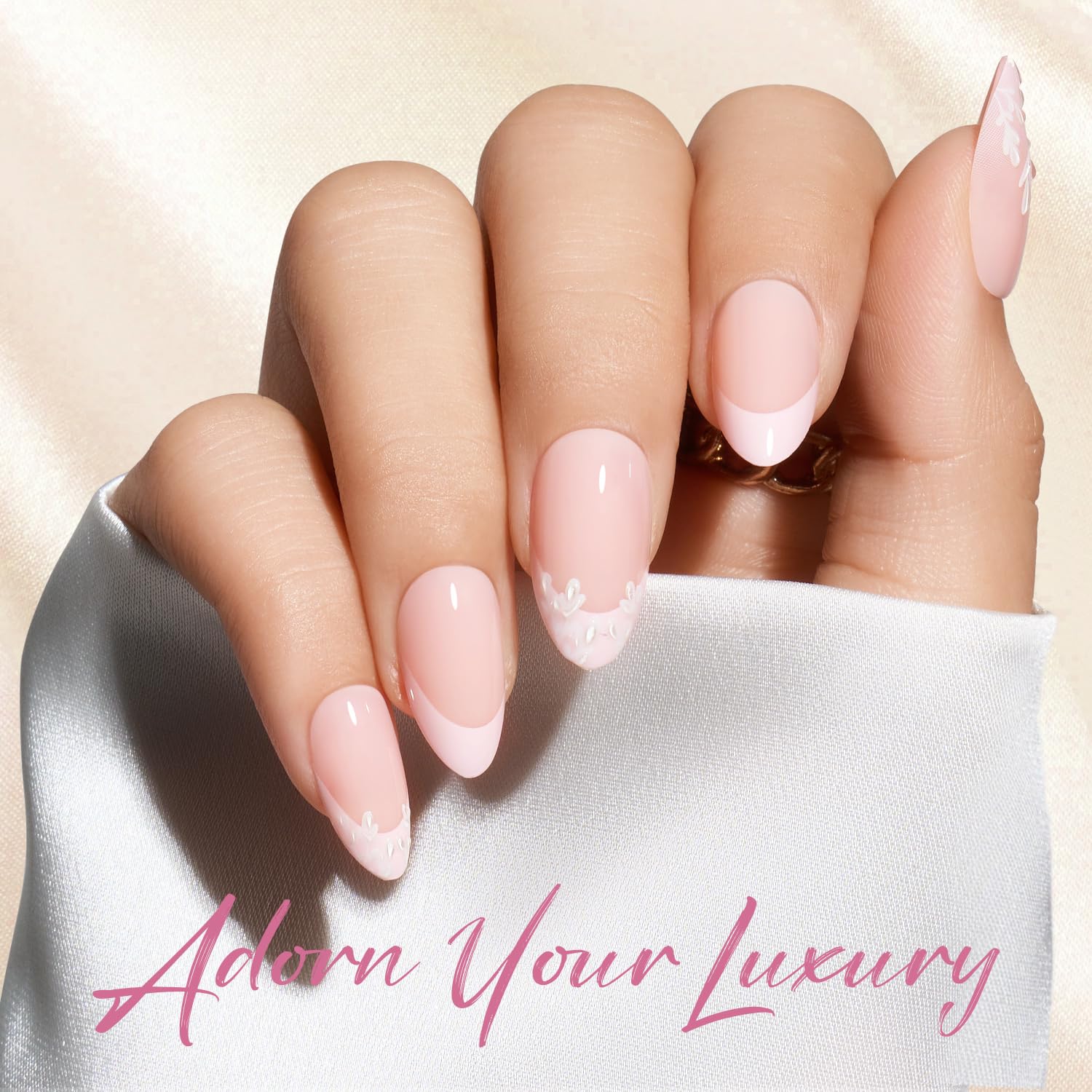 modelones close-up of French tip and floral detail — highlights precise design