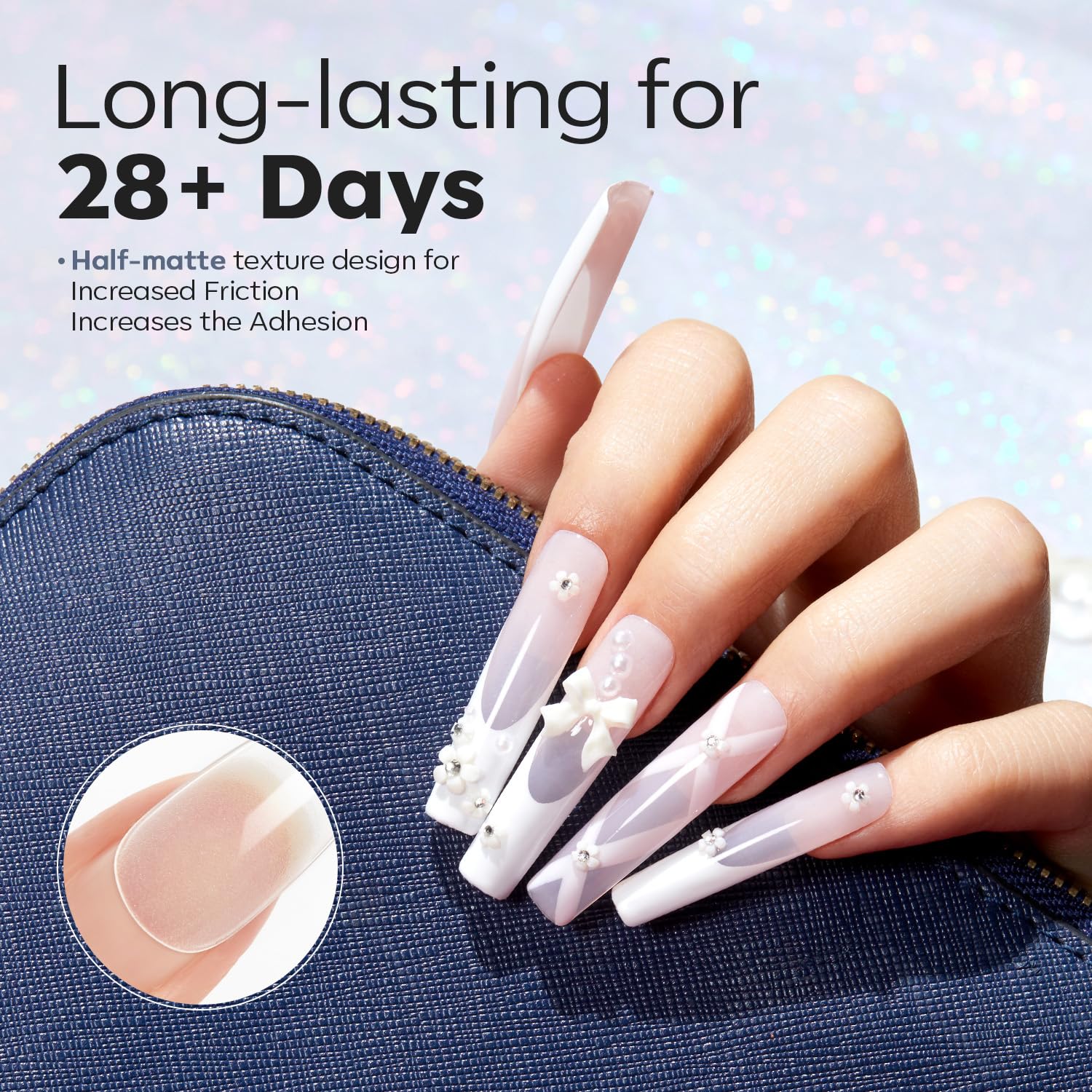 modelones close-up half-matte texture on tip improving adhesion during application
