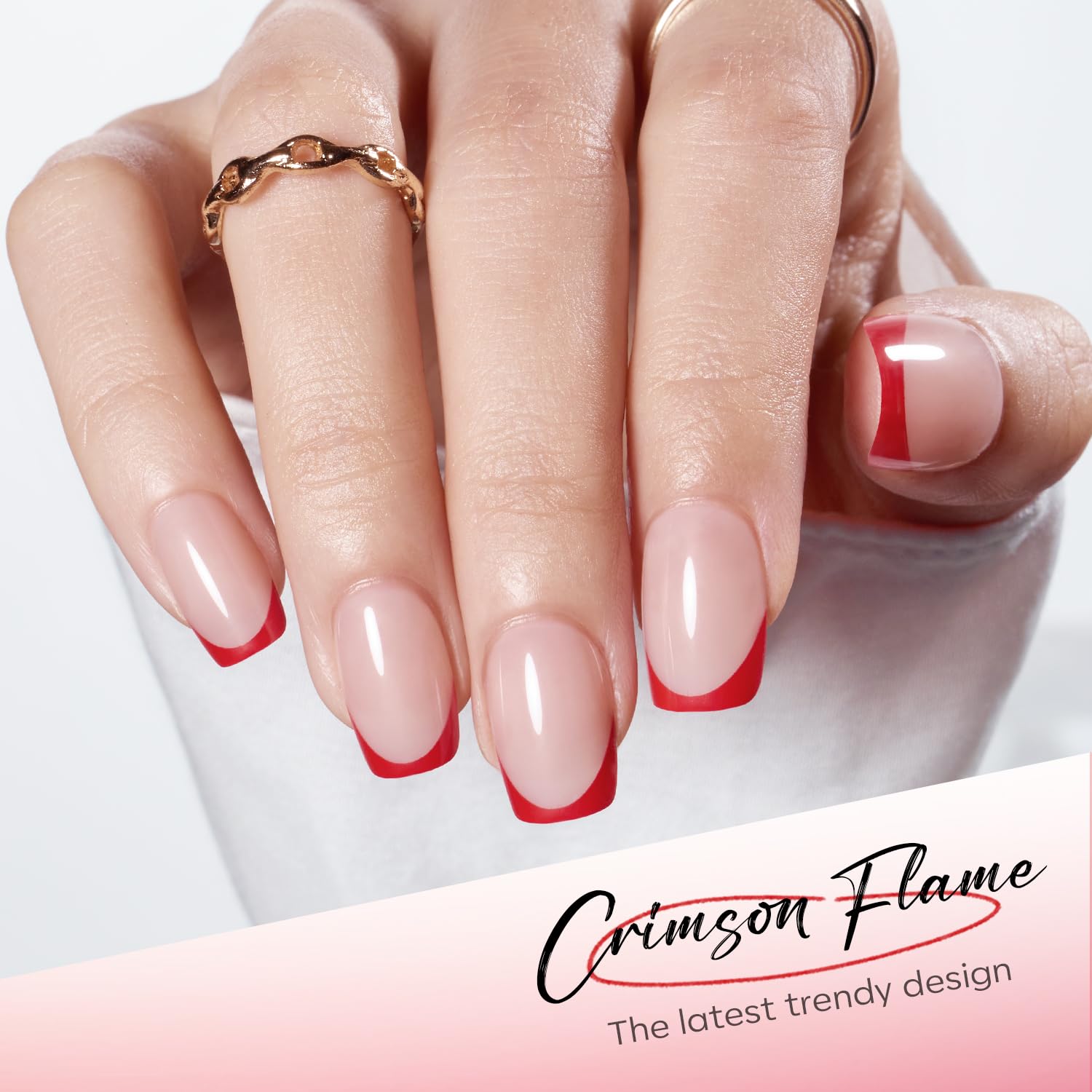 modelones closeup of red French tip and light pink base showing precise finish and durability