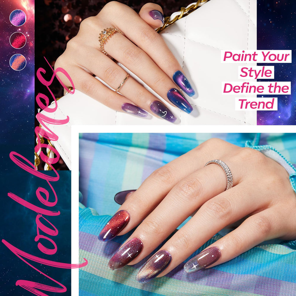 modelones swatched blue green purple brown red orange colors on nail tips, clear color guide