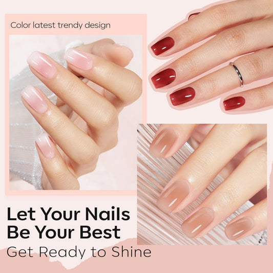 modelones color swatch array displaying six nude-pink-red jelly shades for coordination