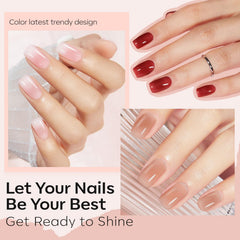 modelones color swatch array displaying six nude-pink-red jelly shades for coordination