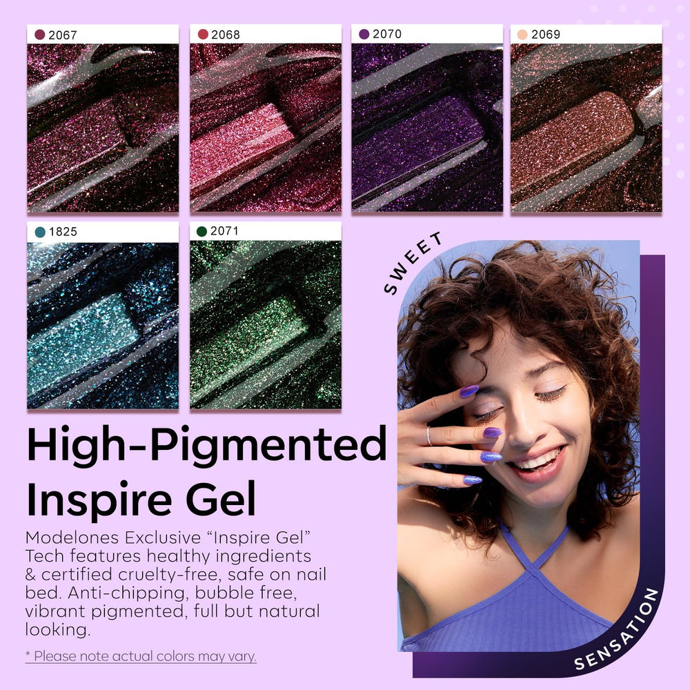 modelones swatches of all six colors showing shifting blue green purple tones