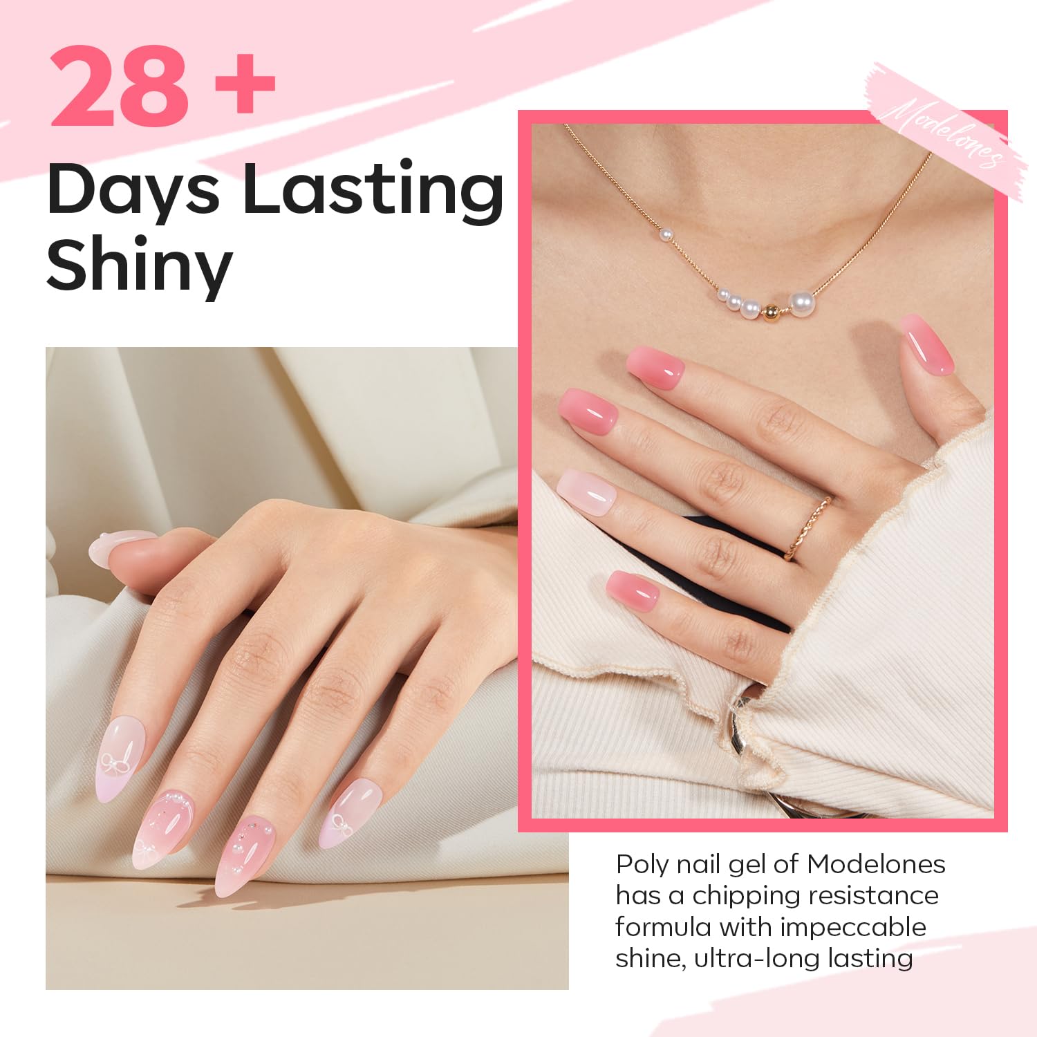 modelones color swatches on a hand illustrating sheer nude and pink layering benefit