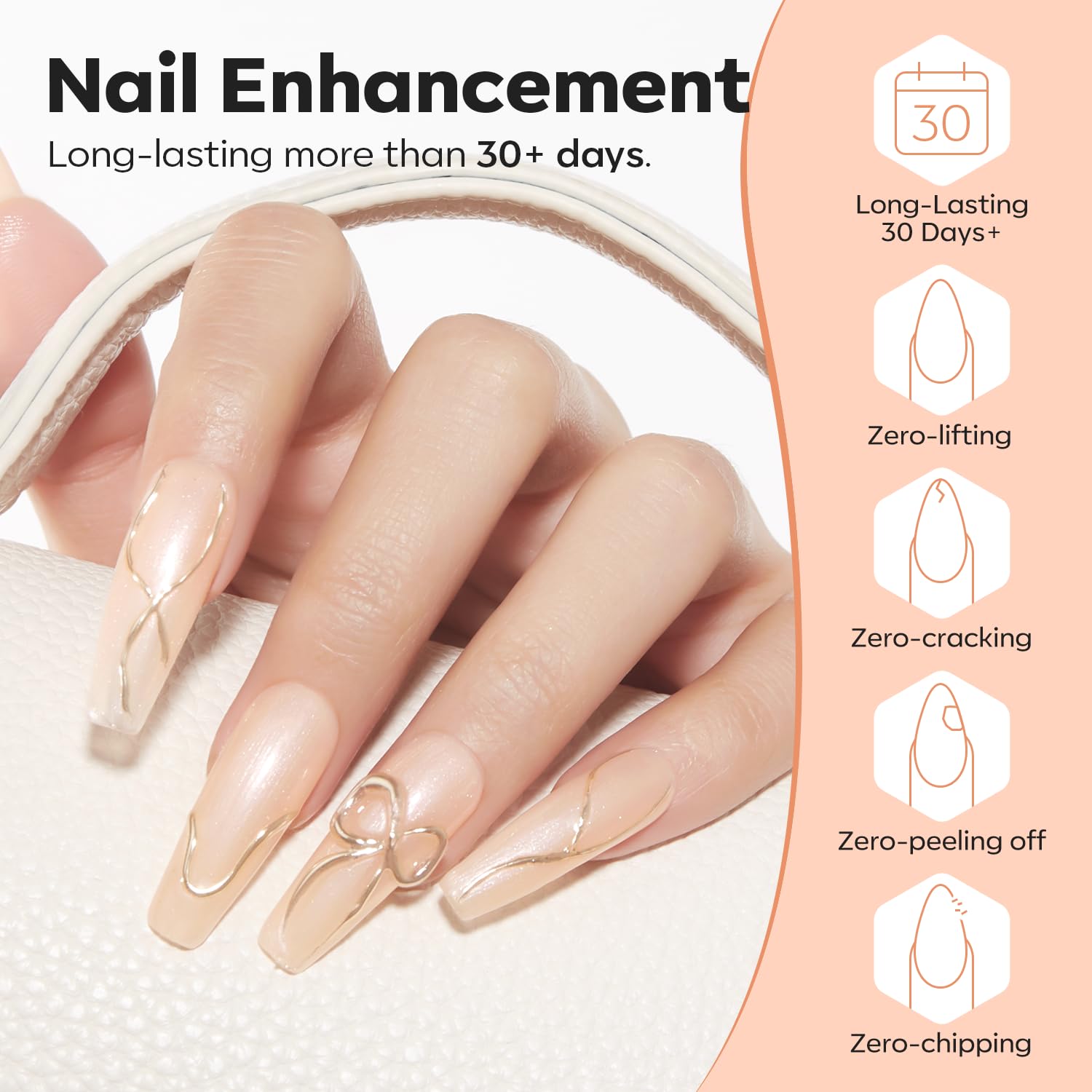 modelones cured nails with champagne sparkle showing glossy durable finish benefit