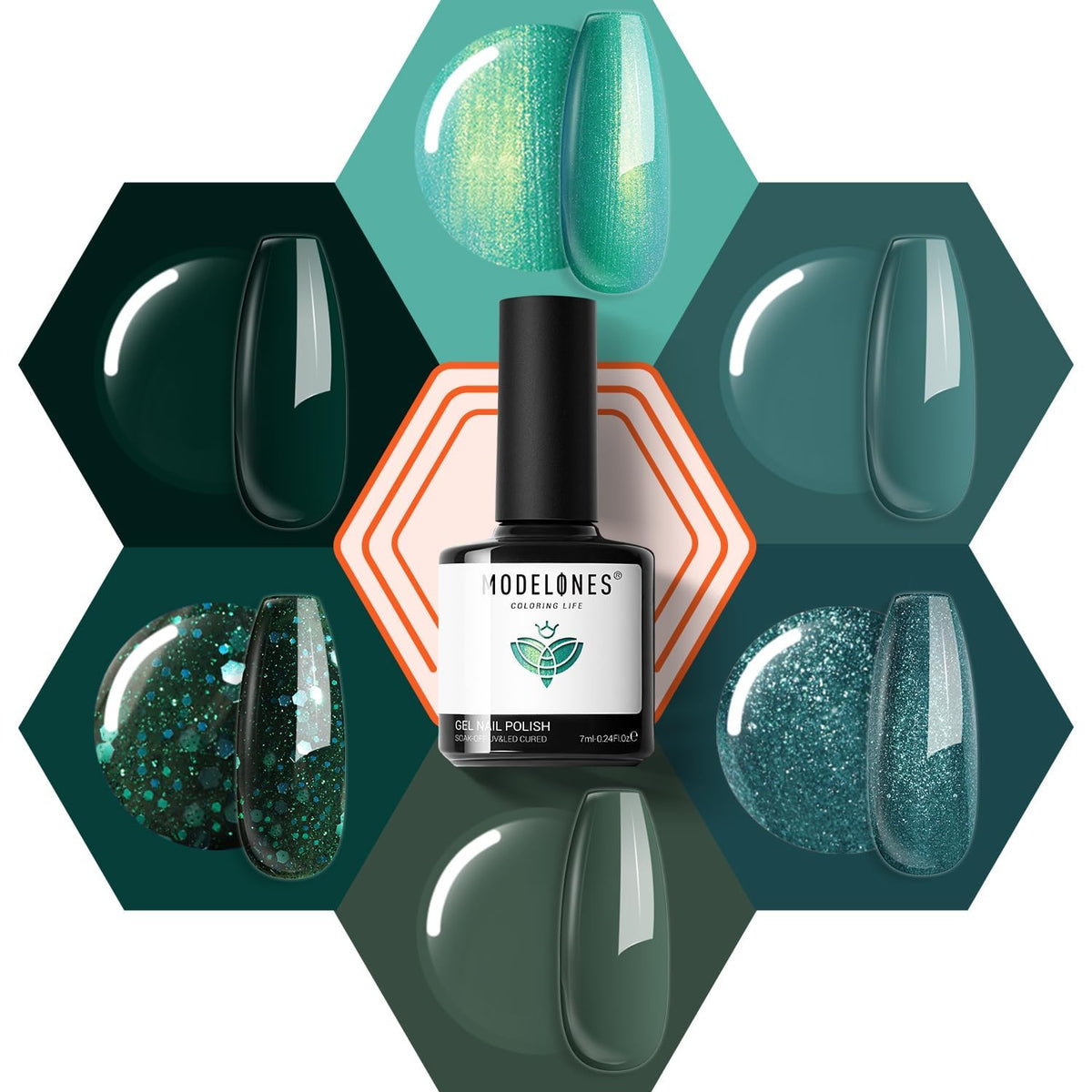 modelones front packaging showing six mermaid green gel bottles and benefit easy shade selection