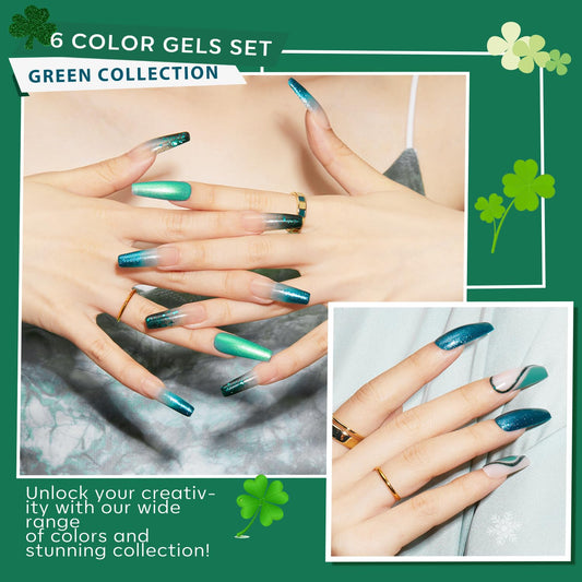 modelones lineup of six ethereal green and turquoise gels for versatile manicure looks
