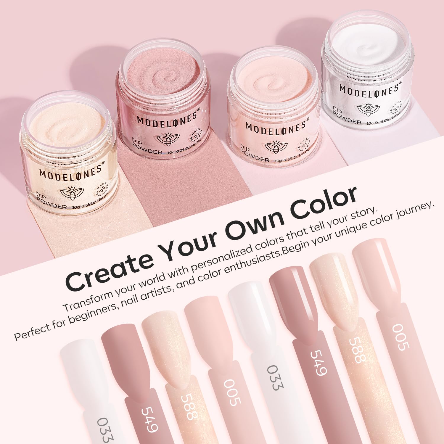 modelones open jars of four dip powders showing textures and true color payoff