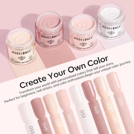 modelones open jars of four dip powders showing textures and true color payoff