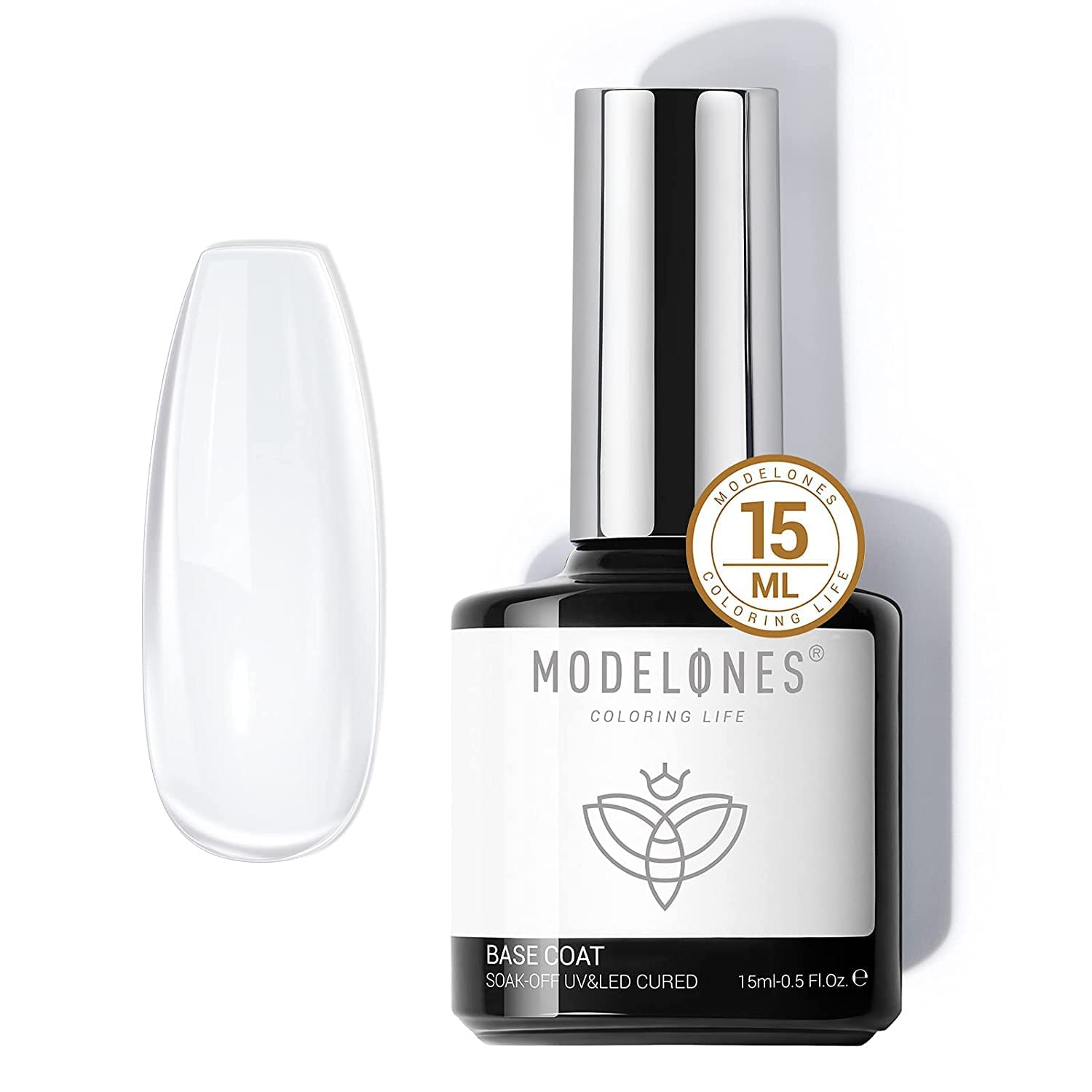 modelones clear base coat bottle front view showing size and glossy finish benefit